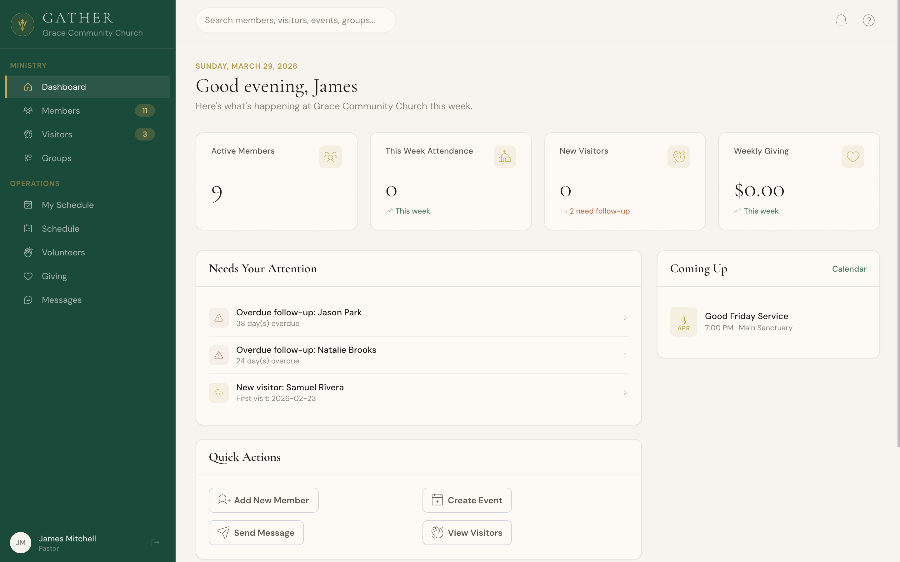 Gather dashboard showing member stats, upcoming events, and attention items