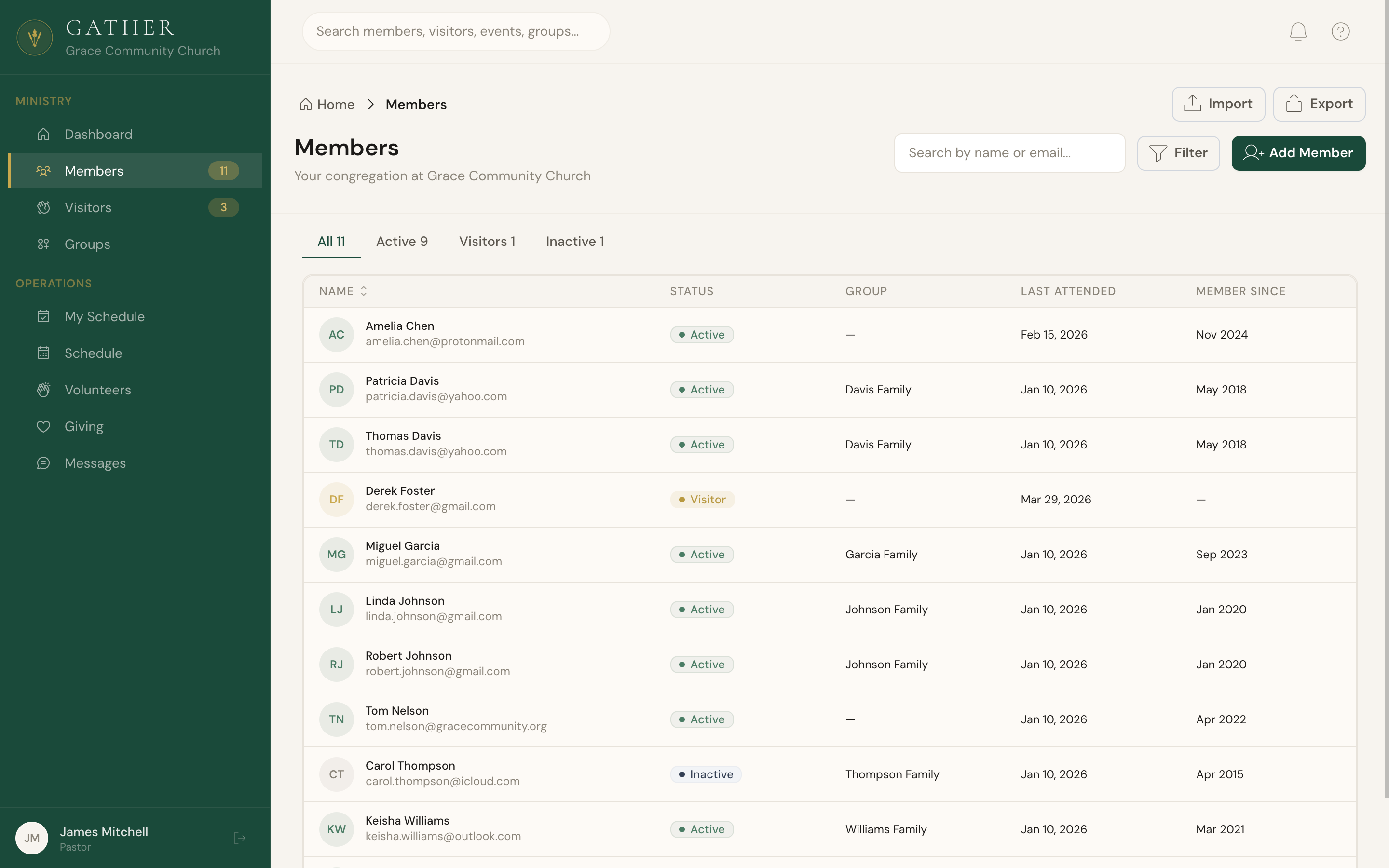 Gather member directory with status, groups, and attendance tracking