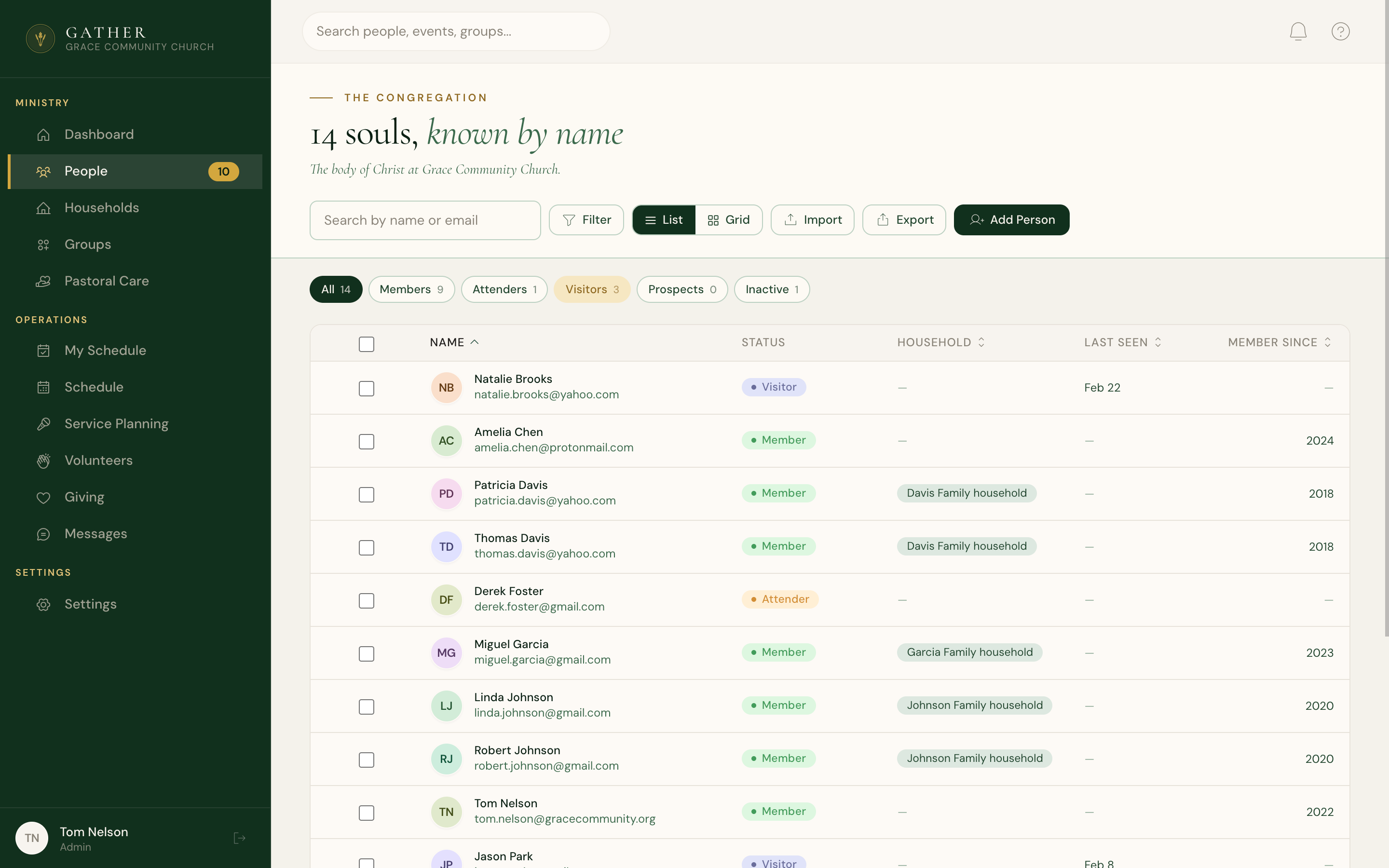 Gather people directory — members, visitors, and households with status and last-seen tracking