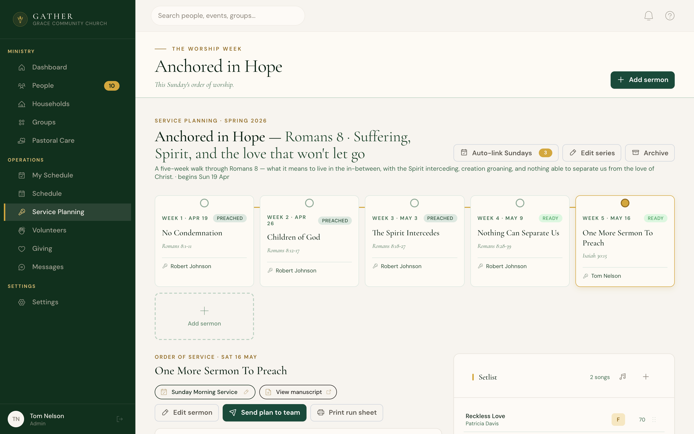 Gather service planning — sermon series, run sheet, setlist, and volunteer team in one view
