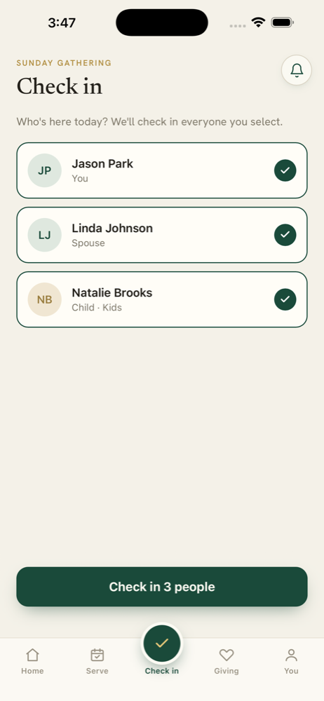 Gather Member check-in screen — check yourself and your household in on Sunday morning