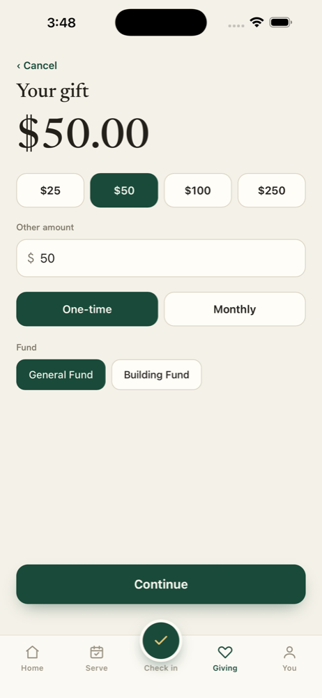 Gather Member giving screen — give securely and see your giving history