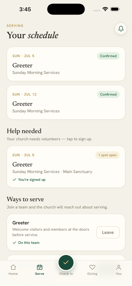 Gather Member serve screen — your serving schedule and open needs to claim